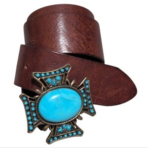 Olga Santini women's brown Italian leather belt with a turquoise cross buckle